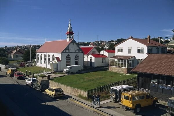 The Roman Catholic cathedral and houses in the town of Stanley, capital of the Falkland Islands