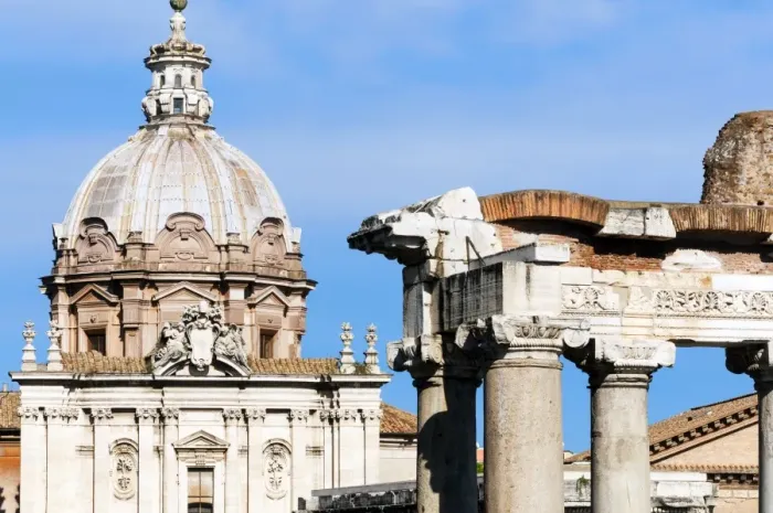 Framed Print : Roman Forum with Temple of Saturn, and the dome of Santi Luca e Martina behind, Rome Framed Print : Roman Forum with Temple of Saturn, and the dome of Santi Luca e Martina behind, Rome