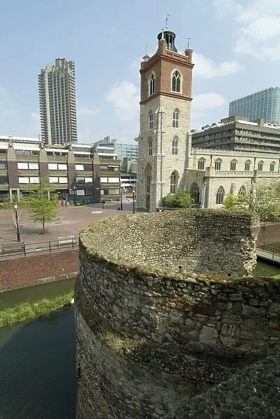 Roman and Medieval wall and church, the Barbican, London, England, United Kingdom, Europe