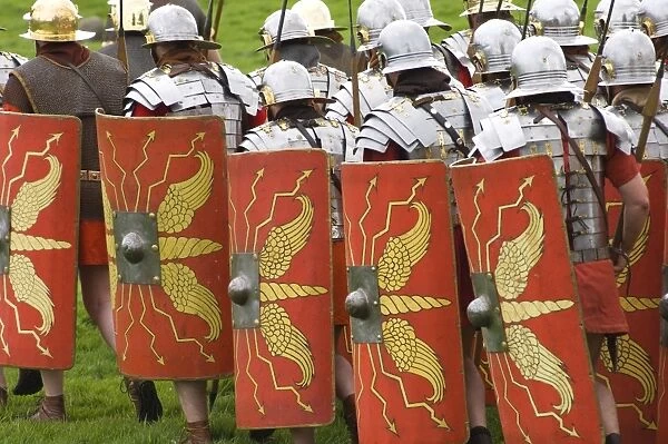 Roman soldiers of the Ermine Street Guard on the march, armour and shield detail