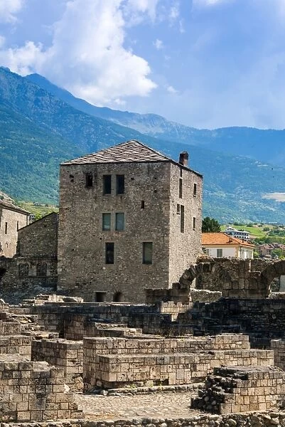 Roman Theater (Teatro Romano) and Fromage tower, Aosta, Aosta Valley, Italian Alps, Italy, Europe