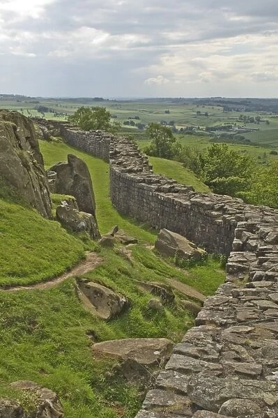 Roman Wall along edge of Wallcrags, looking west, Hadrians Wall, UNESCO World Heritage Site