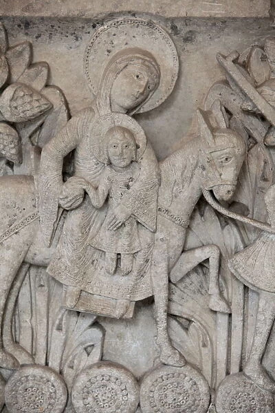 Romanesque bas-relief of the Flight into Egypt, capital of Saint-Lazare Cathedral, Autun