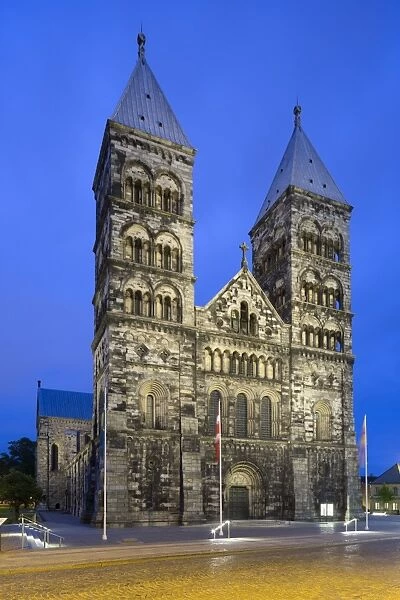 Romanesque cathedral of Domkyrkan at night, Lund, Skane, South Sweden, Sweden, Scandinavia