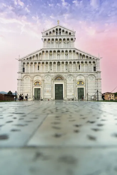 Framed Print : Romanesque facade of Pisa Cathedral (Duomo) under romantic sky at sunrise Framed Print : Romanesque facade of Pisa Cathedral (Duomo) under romantic sky at sunrise