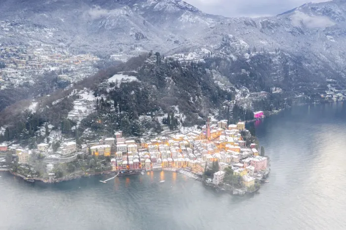 Framed Print : Romantic town of Varenna covered with snow, aerial view, Lake Como, Lecco province Framed Print : Romantic town of Varenna covered with snow, aerial view, Lake Como, Lecco province