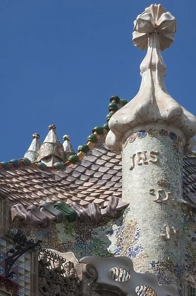 Roof detail of Casa Batllo, designed by Antonio Gaudi, UNESCO World Heritage Site, Passeig de Gracia, Barcelona, Catalunya, Spain, Europe