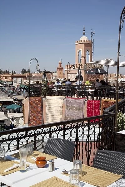 Rooftop terrace and minarets, Place Jemaa El Fna, Marrakesh, Morocco, North Africa, Africa