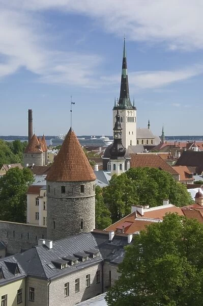 Rooftop view with Church of the Holy Ghost, Tallin, Estonia, Europe