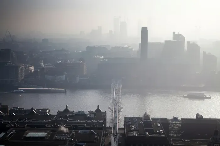 Framed Print : Rooftop view over River Thames and Millennium Bridge on a foggy day from St. Paul's Cathedral, London, England, United Kingdom Framed Print : Rooftop view over River Thames and Millennium Bridge on a foggy day from St. Paul's Cathedral, London, England, United Kingdom