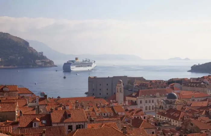 Framed Print : Rooftops, cruise ship and the island of Lokrum from Dubrovnik Old Town walls, Dubrovnik, Croatia, Europe Framed Print : Rooftops, cruise ship and the island of Lokrum from Dubrovnik Old Town walls, Dubrovnik, Croatia, Europe