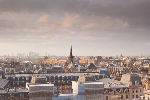 The rooftops of Paris from Notre Dame cathedral with Sainte Chapelle in the middle of the image, Paris, France, Europe