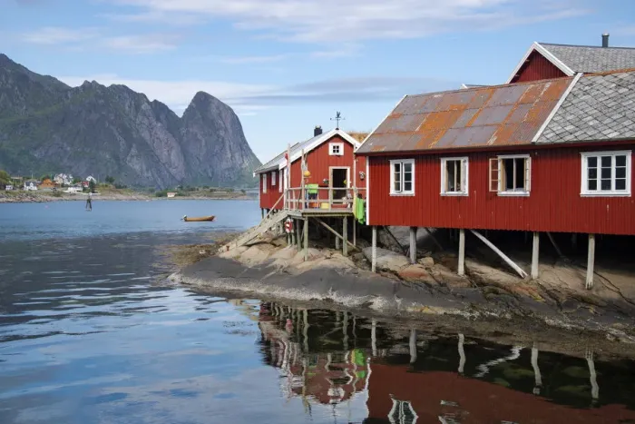 Framed Print : Rorbu, traditional fishermens cabins now used for tourist accommodation in Reine Framed Print : Rorbu, traditional fishermens cabins now used for tourist accommodation in Reine