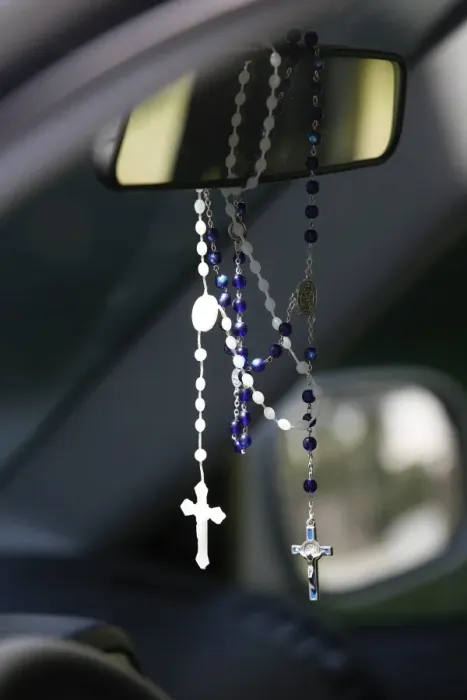 Framed Print : Rosaries in a car, Chatillon-sur-Chalaronne, Ain, France, Europe Framed Print : Rosaries in a car, Chatillon-sur-Chalaronne, Ain, France, Europe