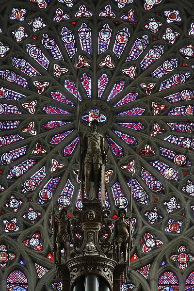 Rose window and statue of St. Maurice above the organ, St