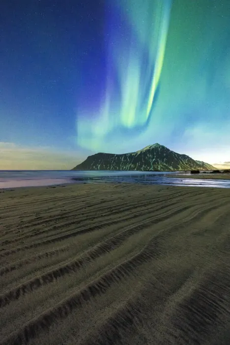 Framed Print : Rough sand of Skagsanden beach lit by green lights of Aurora Borealis (Northern Lights), Flakstad, Lofoten Islands, Norway, Scandinavia, Europe Framed Print : Rough sand of Skagsanden beach lit by green lights of Aurora Borealis (Northern Lights), Flakstad, Lofoten Islands, Norway, Scandinavia, Europe