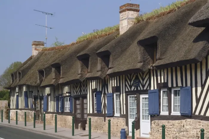 Framed Print : Row of half timbered cottages, village of Tourgeville, near Deauville, Calvados Framed Print : Row of half timbered cottages, village of Tourgeville, near Deauville, Calvados