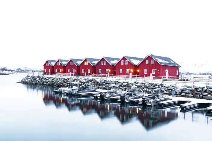 Framed Print : Row of red traditional wooden cabins standing above a small harbour in the snowy landscape, Leknes, Lofoten Islands, Norway, Scandinavia, Europe Framed Print : Row of red traditional wooden cabins standing above a small harbour in the snowy landscape, Leknes, Lofoten Islands, Norway, Scandinavia, Europe