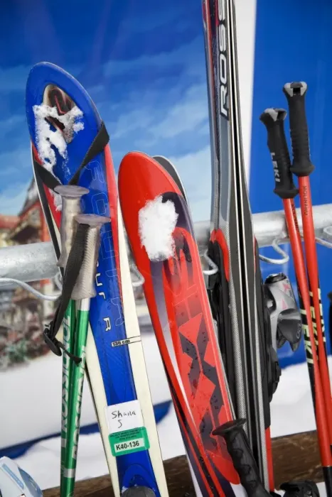 Framed Print : Row of skis at Lionshead Village