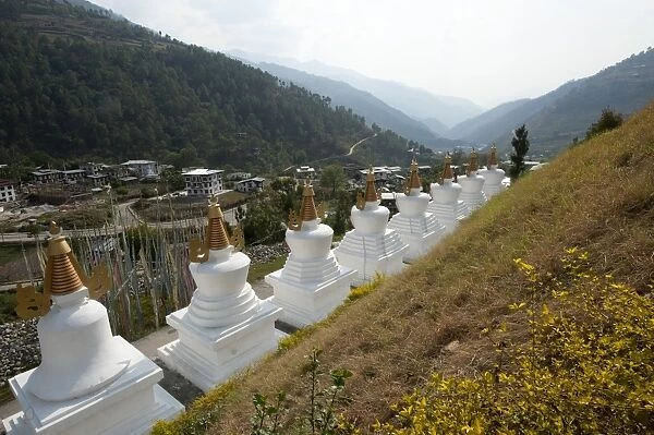 Row of white chortens at the entrance to Rangjung Buddhist monastery in the beautiful