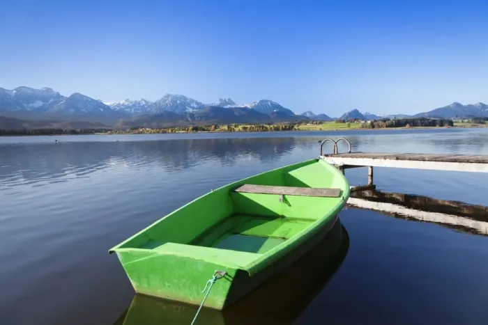 Framed Print : Rowing boat on Lake Hopfensee, Allgau, Bavaria, Germany, Europe Framed Print : Rowing boat on Lake Hopfensee, Allgau, Bavaria, Germany, Europe