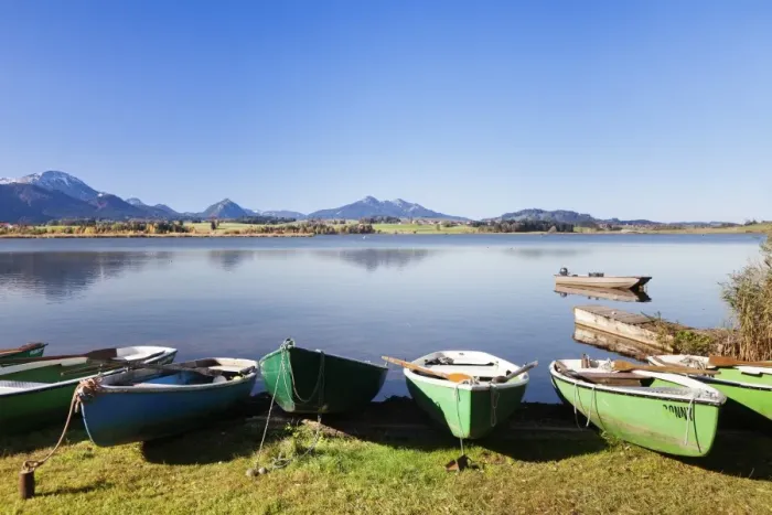 Framed Print : Rowing boats on Hopfensee Lake, near Fussen, Allgau, Bavaria, Germany, Europe