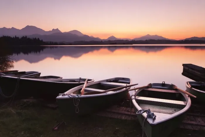 Framed Print : Rowing boats on Hopfensee Lake at sunset, near Fussen, Allgau, Allgau Alps, Bavaria, Germany, Europe Framed Print : Rowing boats on Hopfensee Lake at sunset, near Fussen, Allgau, Allgau Alps, Bavaria, Germany, Europe