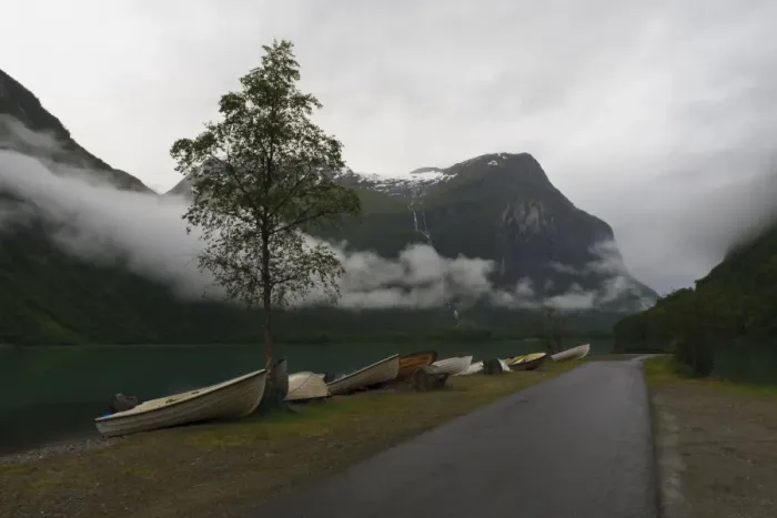 Framed Print : Rowing boats, lake, mountains and low cloud, Lovatnet Lake, Norway, Scandinavia, Europe Framed Print : Rowing boats, lake, mountains and low cloud, Lovatnet Lake, Norway, Scandinavia, Europe