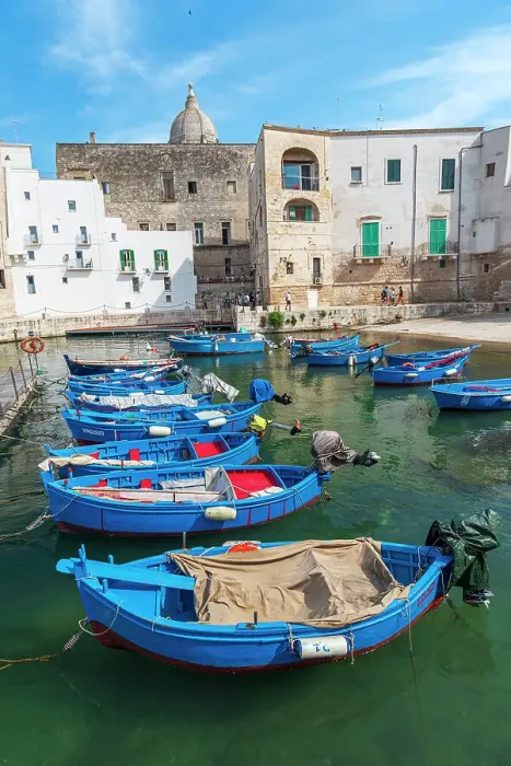 Framed Print : Rows of blue wooden boats in the water of the harbour of Monopoli old town, Monopoli, Bari province, Apulia, Italy, Europe Framed Print : Rows of blue wooden boats in the water of the harbour of Monopoli old town, Monopoli, Bari province, Apulia, Italy, Europe