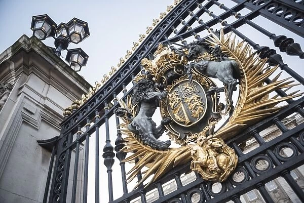 Royal Coat of Arms on the gates at Buckingham Palace, London, England, United Kingdom