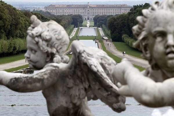 Royal Palace seen from the fountain of Venus and Adonis, Caserta, Campania, Italy, Europe