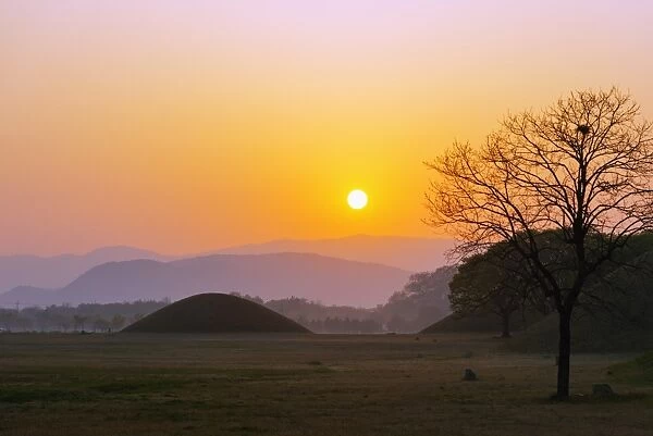 Royal Tombs burial mounds at sunrise, UNESCO World Heritage Site, Gyeongju, Gyeongsangbuk-do, South Korea, Asia
