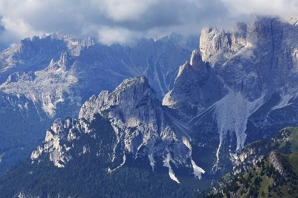 The rugged Rosengarten Peaks in the Dolomites near Canazei, Trentino-Alto Adige, Italy, Europe