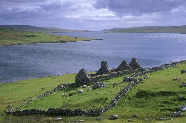 Ruined crofthouse and loch, West Mainland, Shetland Islands, Scotland, United Kingdom