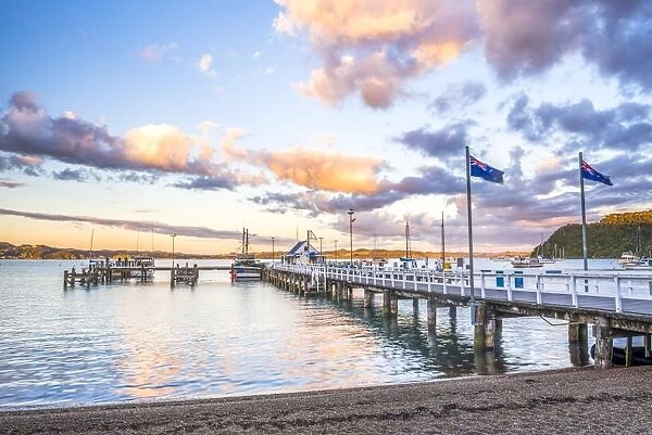 Russell Pier at sunset, Bay of Islands, Northland Region, North Island, New Zealand