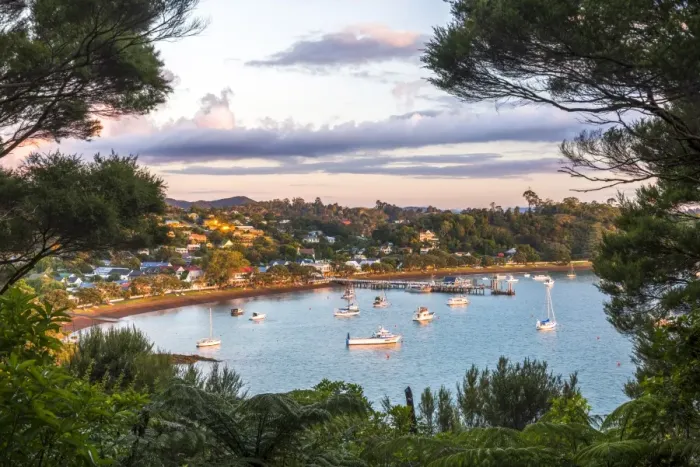 Framed Print : Russell at sunset, Bay of Islands, Northland Region, North Island, New Zealand, Pacific