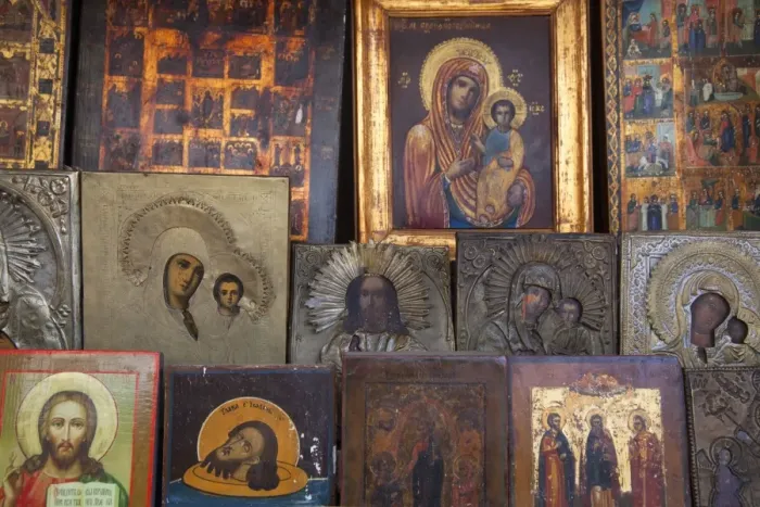 Framed Print : Russian icon paintings for sale, St. Petersburg, Russia, Europe