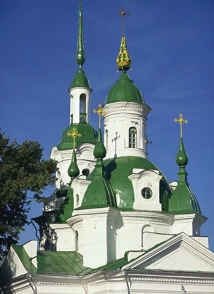 Russian Orthodox Church with green painted panels on roof and spires, Parnu