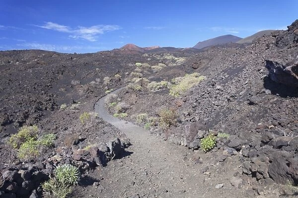 Ruta de los Volcanes hiking path, Teneguia Volcano left, San Antonio Volcano middle