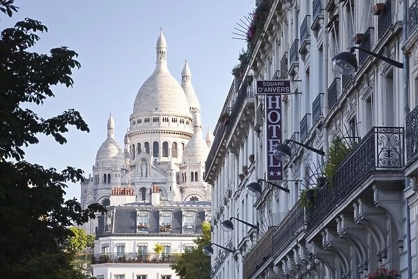 Sacre Coeur through the streets of Montmartre in Paris, France, Europe