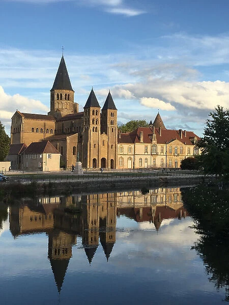 Sacred Heart Basilica, reflected in the Bourbince River, Paray-le-Monial, Saone-et-Loire, Bourgogne-Franche-Comte, France, Europe
