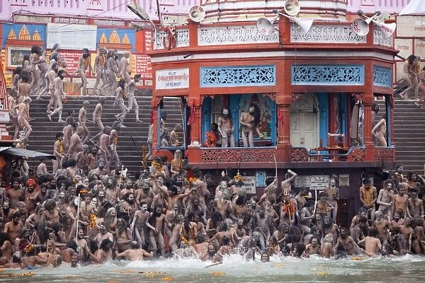 Sadhus at a royal bath (Sahi Snan) during Kumbh Mela in Haridwar, Uttar Pradesh
