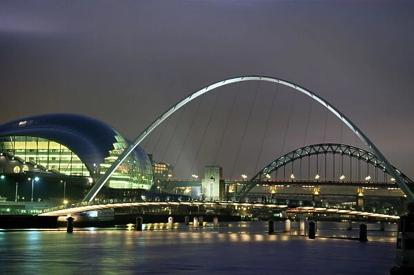 The Sage and the Tyne and Millennium Bridges at night, Gateshead  /  Newcastle upon Tyne
