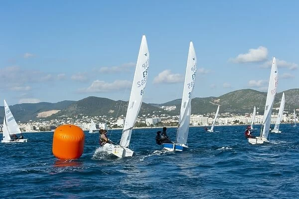 Sailboats participating in Regatta and buoy, Ibiza, Balearic Islands, Spain, Mediterranean, Europe