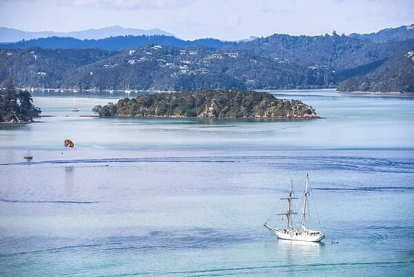 Sailing boat in the Bay of Islands seen from Russell, Northland Region, North Island
