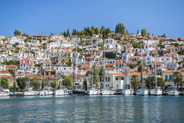Framed Print : Sailing boats in Poros Island port, Saronic Island, Aegean Coast, Greek Islands, Greece Framed Print : Sailing boats in Poros Island port, Saronic Island, Aegean Coast, Greek Islands, Greece