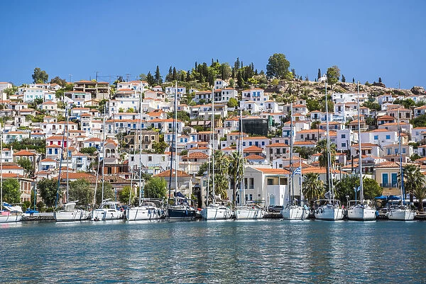 Sailing boats in Poros Island port, Saronic Island, Aegean Coast, Greek Islands, Greece