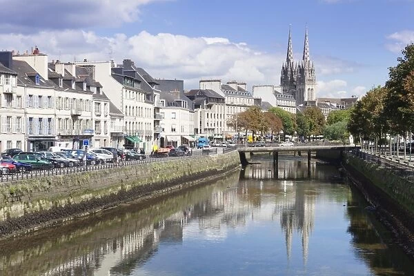Saint Corentin Cathedral reflecting in the River Odet, Quimper, Finistere, Brittany, France, Europe