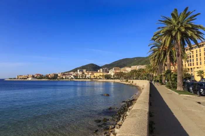 Framed Print : Saint Francois beach promenade with palm trees, morning light, Ajaccio, Island of Corsica Framed Print : Saint Francois beach promenade with palm trees, morning light, Ajaccio, Island of Corsica