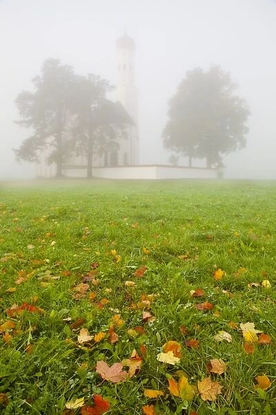 Saint Koloman Church in fog, near Fussen, Bavaria, Germany, Europe